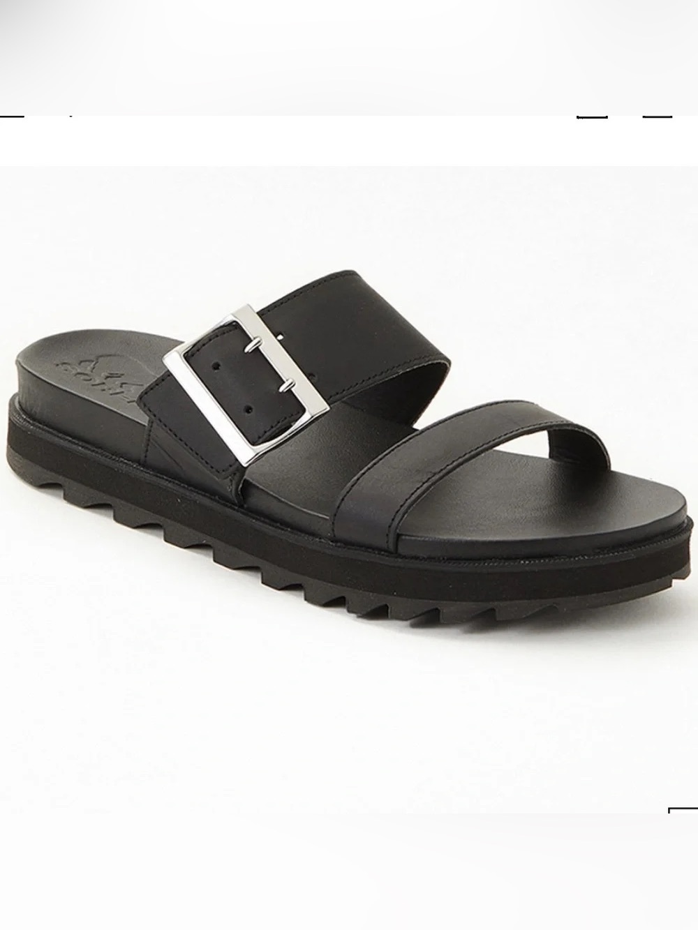 SOREL Roaming Buckle Slide Black Leather Platform Sandal Flatbed Buckle Flatform